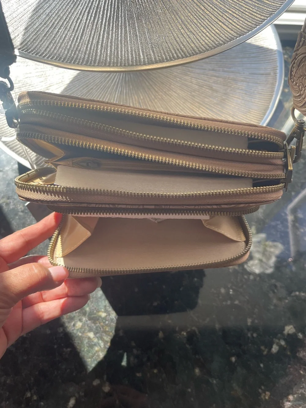 Embossed Floral Crossbody Bag in Beige with Patterned Strap